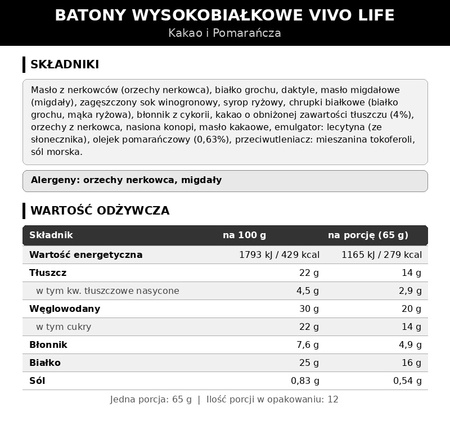 Wegański baton proteinowy Vivo Life - kakao i pomarańcza (65g)